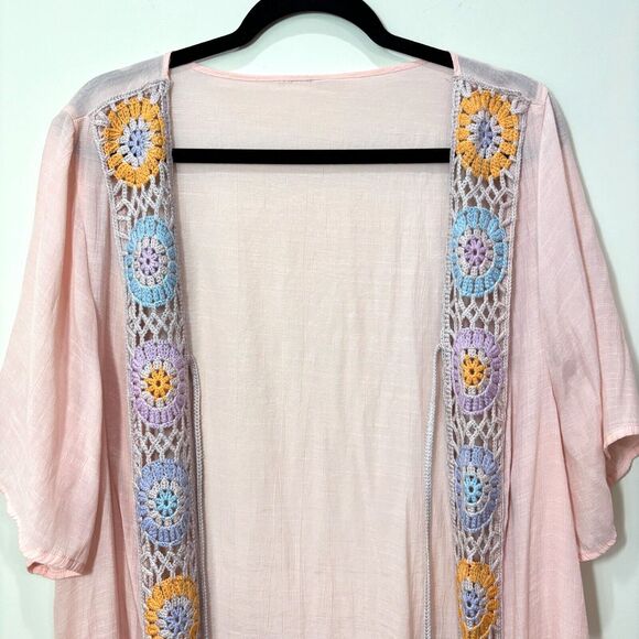 Pastel Pink Sheer Crochet Medallion Kimono Robe Tassel M/L Boho Festival Beachy - Picture 2 of 10